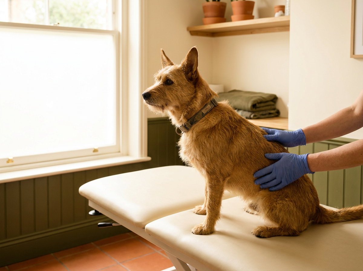 A dog being gently examined on a padded table in a calm consulting room