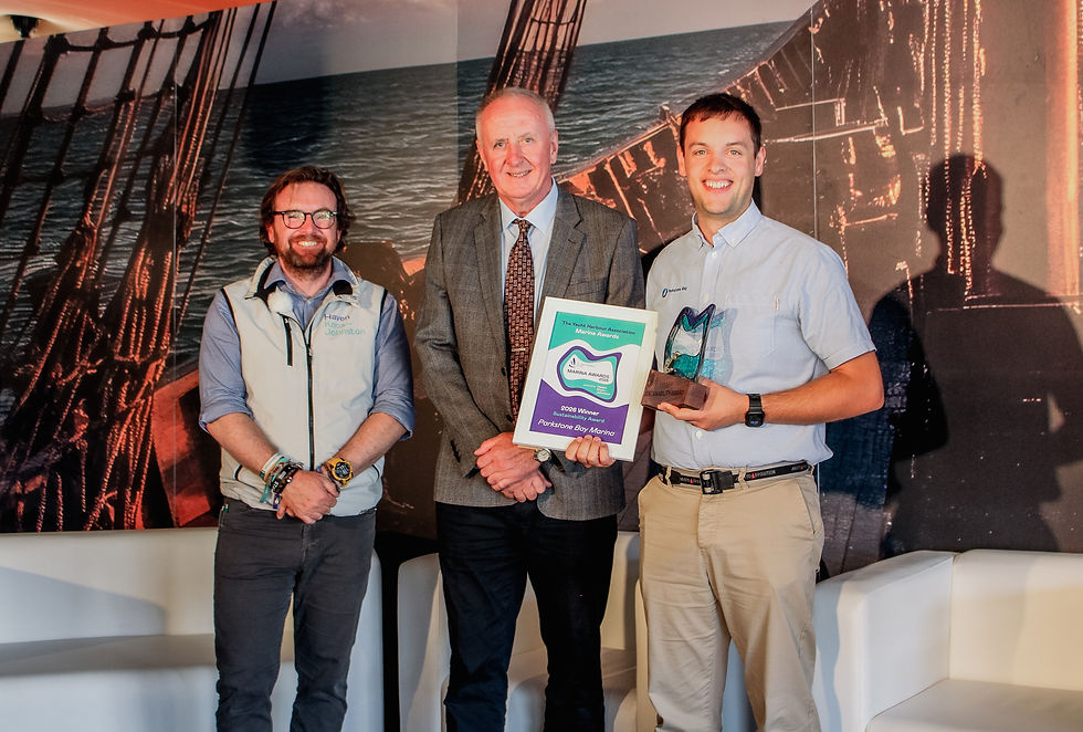 Our GM, Henry recieving the award from Paul Knox-Johnston of HKJ the awards sponsor and Steve Arber of The Yacht Harbour Association at the 2026 Southampton International Boat Show