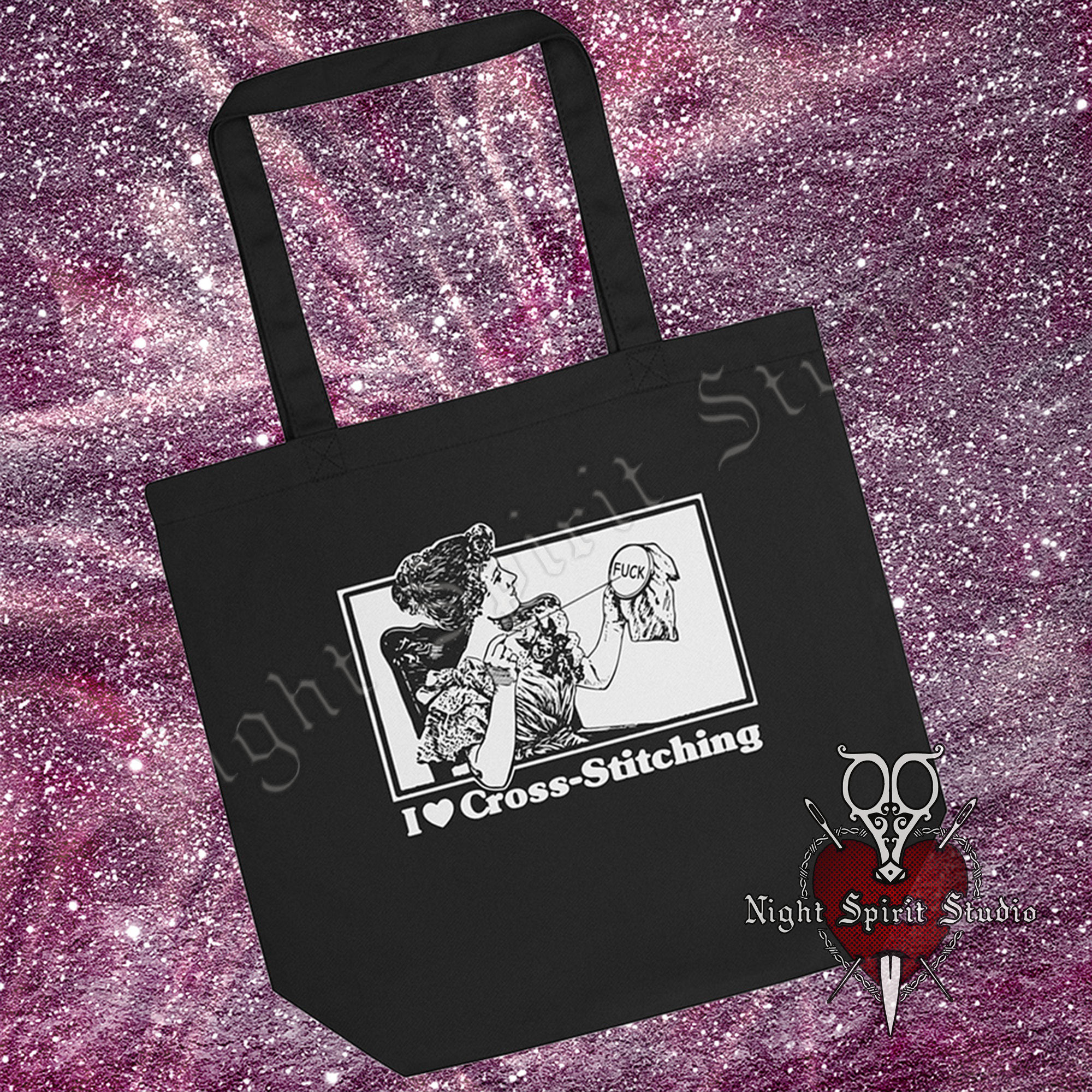 I Love Cross Stitch Black Cotton Tote Bag | NSFW