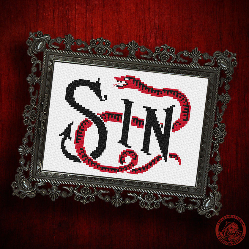 Thumbnail: Serpent Embracing Sin - Gothic Cross Stitch Pattern
