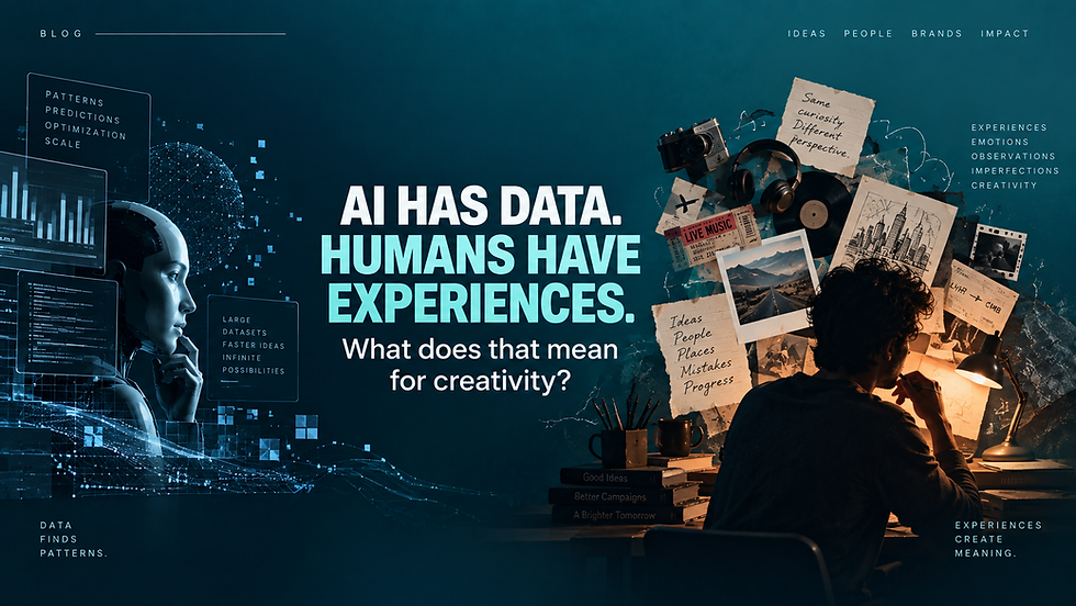 Split illustration contrasting AI-driven data and patterns with human experiences and creativity