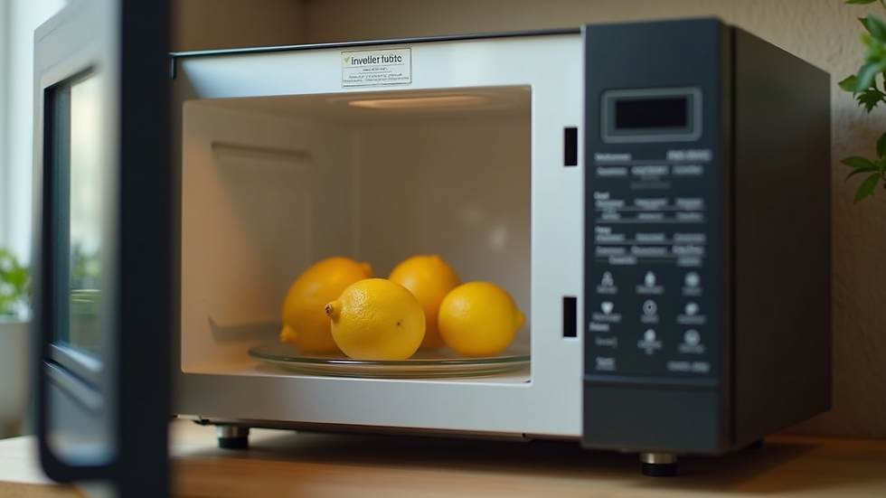 Open microwave with four lemons on a glass plate inside. The microwave has a digital control panel. Bright and clean kitchen setting.