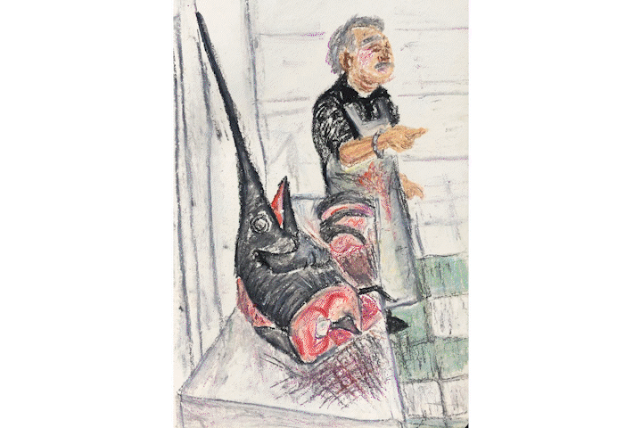 Oil pastel drawings of ortigia market