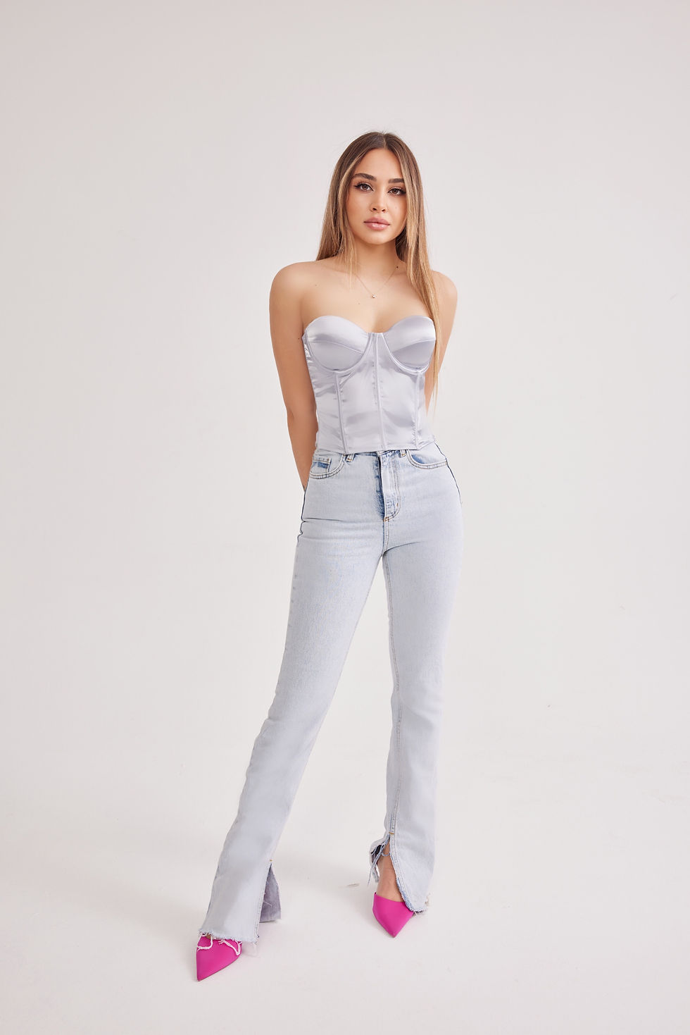 Thumbnail: Saten Lycralı Crop Top Balenli Push Up Straplez Büstiyer
