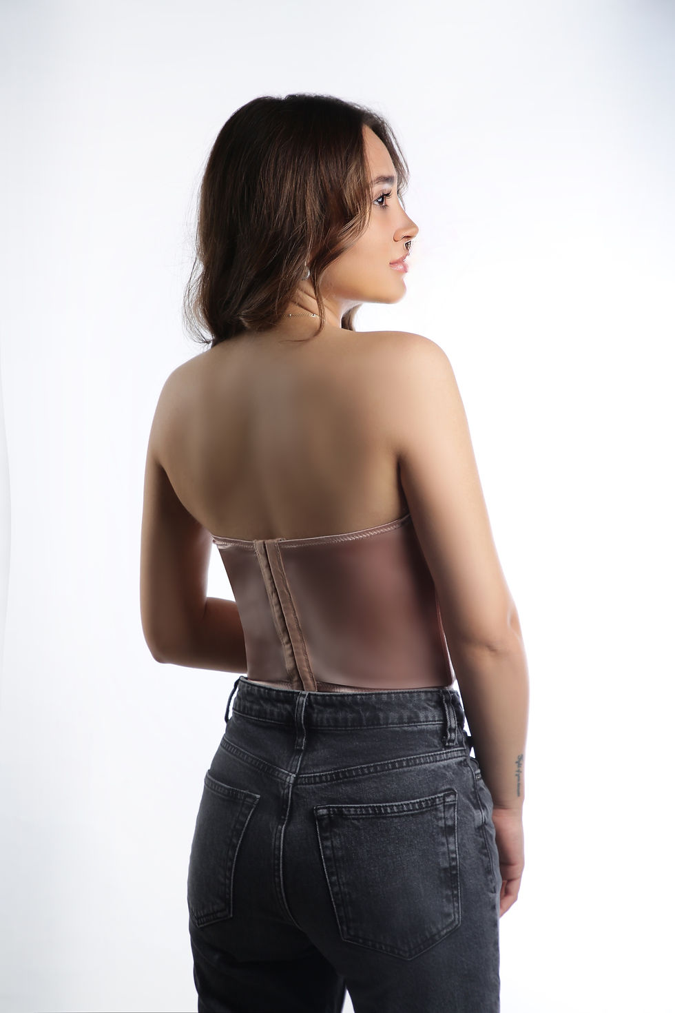 Thumbnail: Saten Lycralı Crop Top Balenli Push Up Straplez Büstiyer