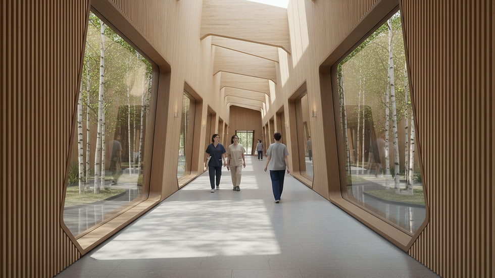 Eye-level view of a hospital corridor with healthcare professionals walking