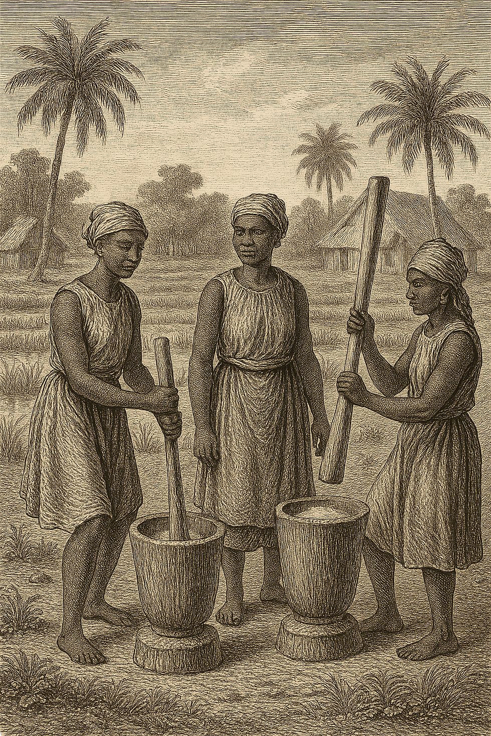 A rendition of a scene depicting 18th century Jola women of the Casamance region of Upper Guinea milling rice on their farm.