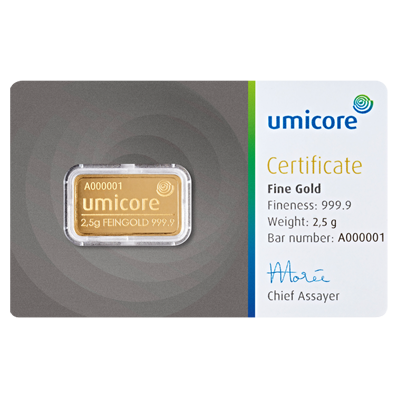 Umicore gold certificate, fine gold, weight 2.5g including bar number A000001, Sc Gold.