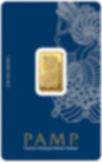 Gold bar on blue card with PAMP logo, Swiss Made, 5g Gold Bar.