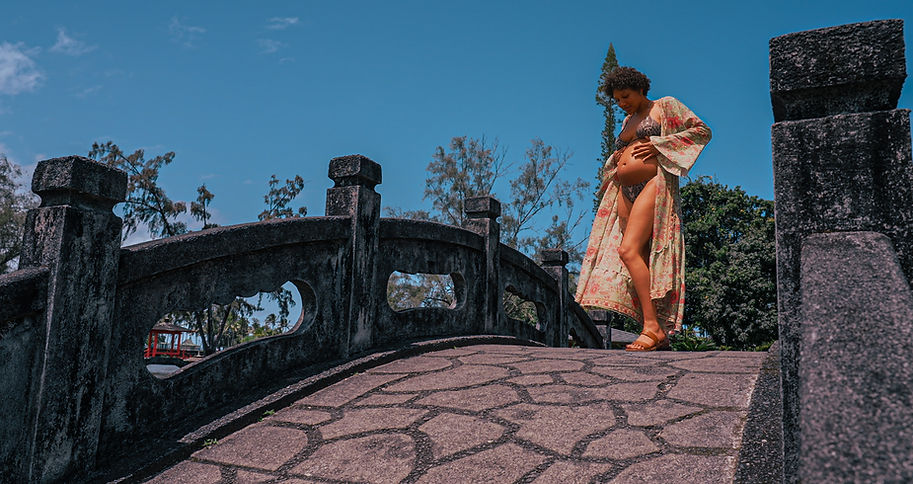 A bridge spread across the frame. Blue and purple hues. A loverly woman in a black an white cheatah print suit and a long green and pink flowered robe. She delicately caresses her 7 month pregnant belly.