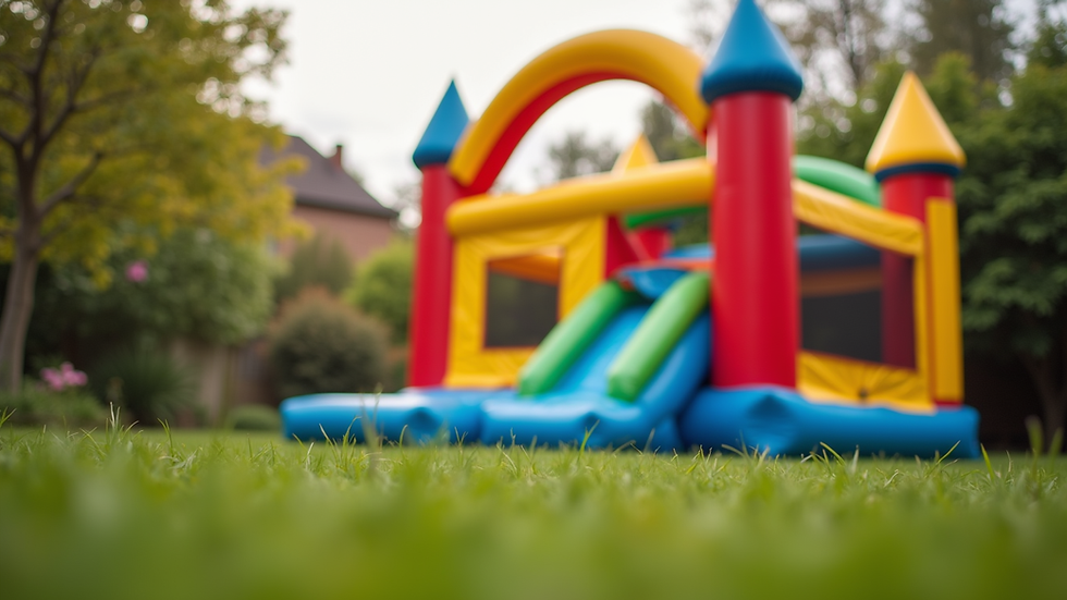 Eye-level view of a colorful bouncy castle set up in a garden