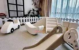 White soft play set rental Singapore with tunnel, ball pit and picket fence