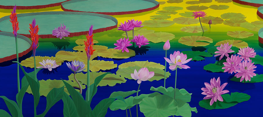 Lotus Pond 1, in Morning Light. 2013, 32" x 72", 81 x 183 cm, oil on canvas by Roberto Azank