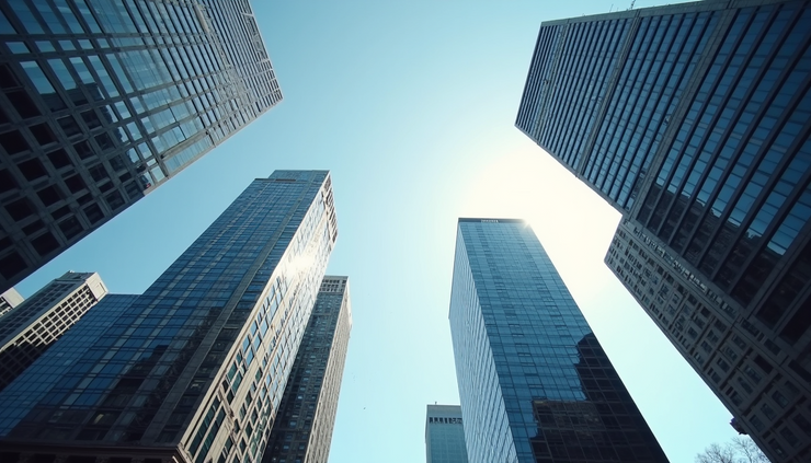 Eye-level view of a modern U.S. city financial district skyline