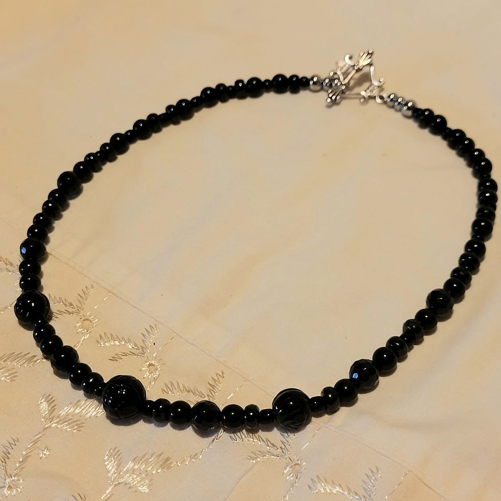 Thumbnail: Memento Mori Mourning Necklace Jet and Black Onyx Lotus Flowers