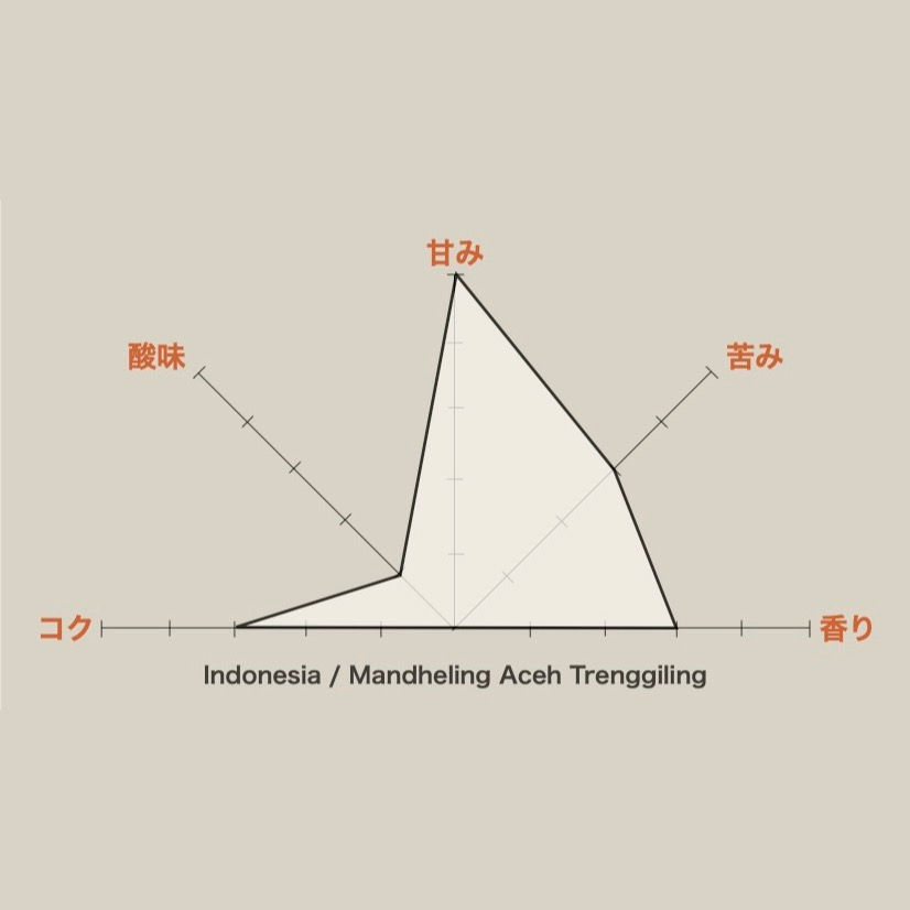 Indonesia / Mandheling Aceh Trenggiling:曲がりくねることもなく、ただ真っ直ぐに届いてくれる、そんなマンデリン。深くありながら、そっと優しい苦みを連れて、この一杯は完結します。いや、少し残して数時間経っても、変わ