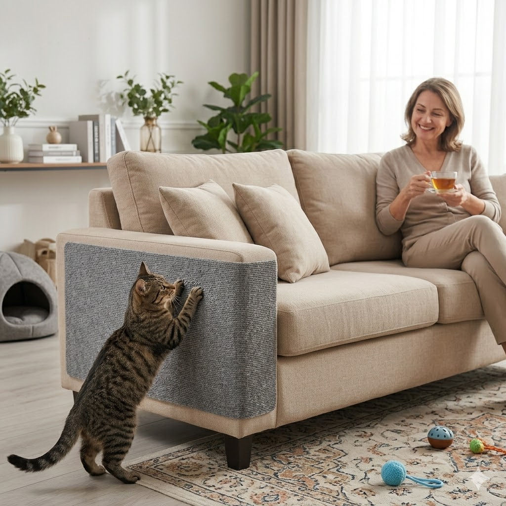 Cat scratching sofa arm protector, woman on couch