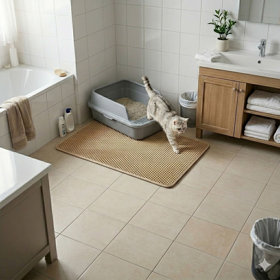 Thumbnail: Cat stepping out of litter box onto mat in bathroom
