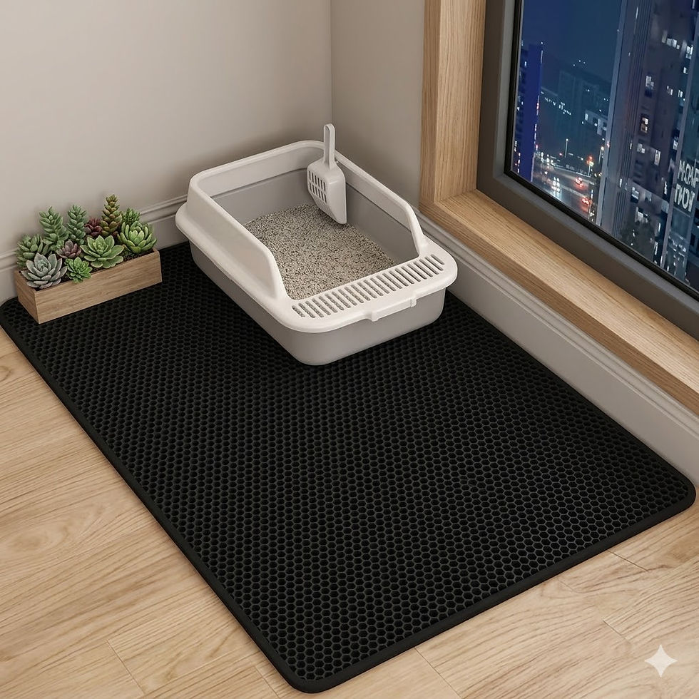 Thumbnail: Cat litter box on black mat by window