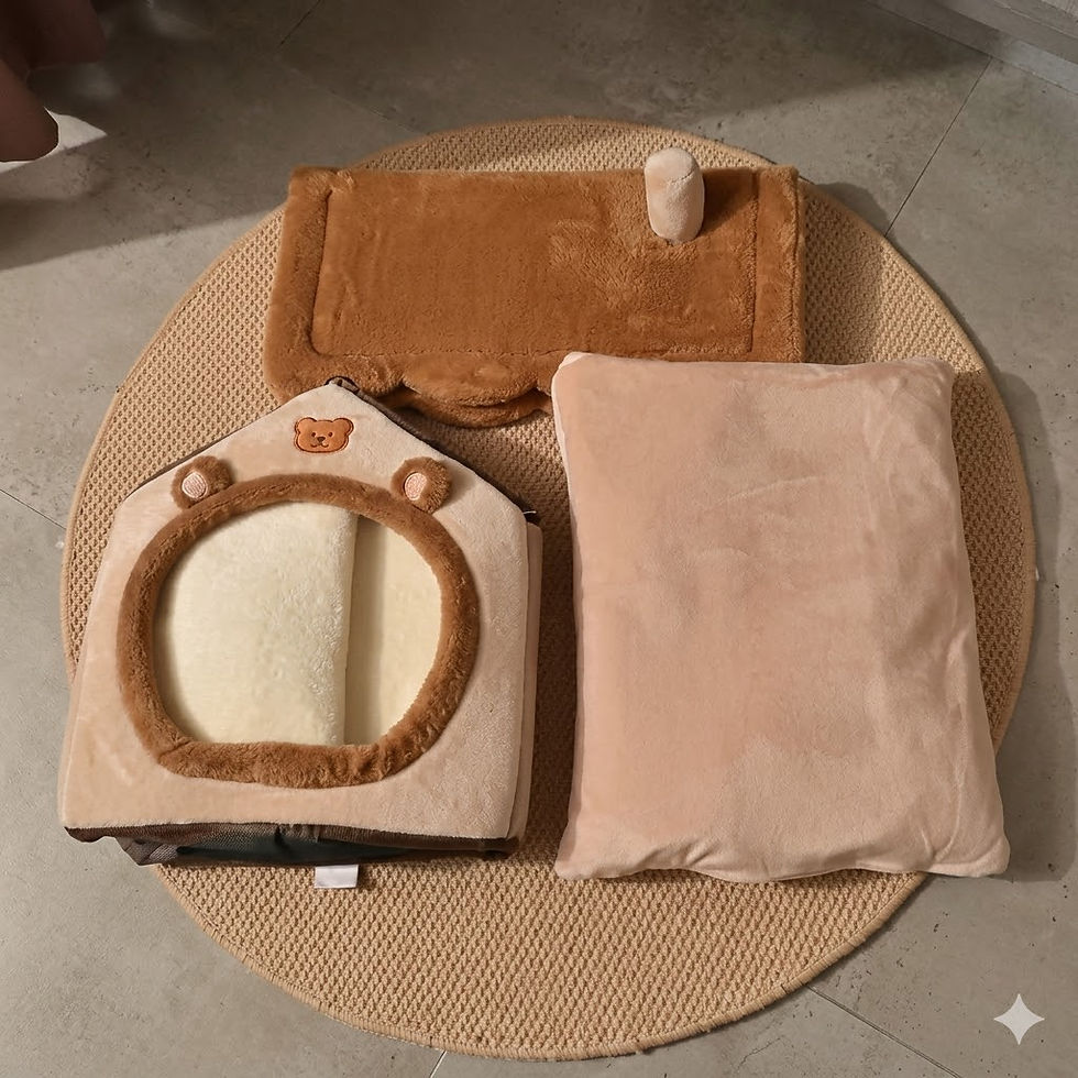 Thumbnail: MindMouse pet bed, brown mat, and beige pillow