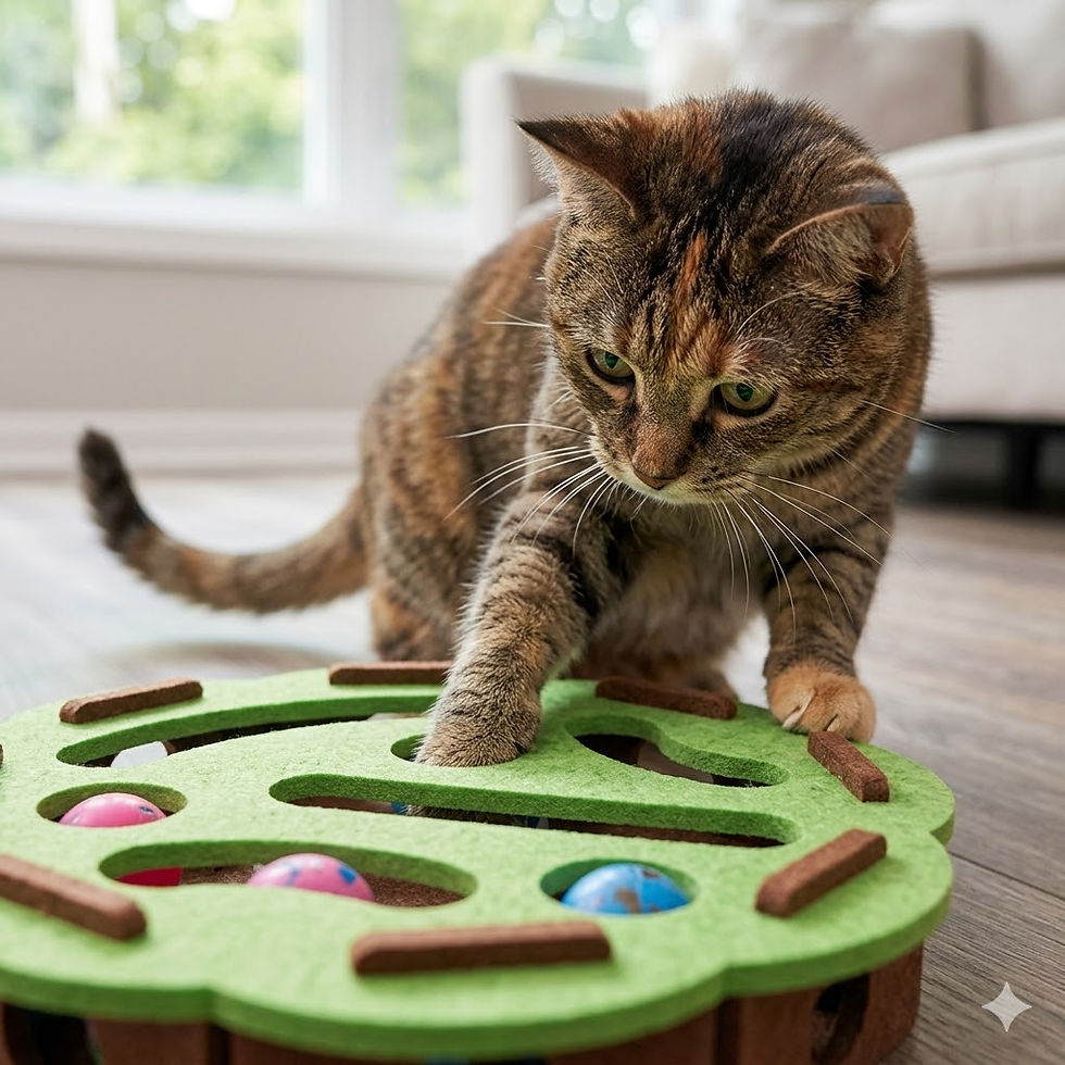 Thumbnail: Tabby cat playing with green interactive toy