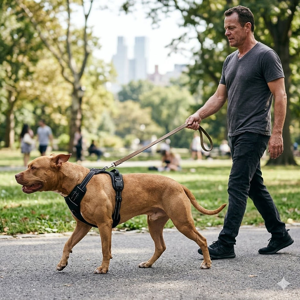 Thumbnail: Man walking brown pit bull on leash in park