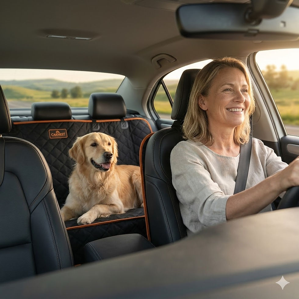Thumbnail: Smiling woman driving with a dog in the backseat
