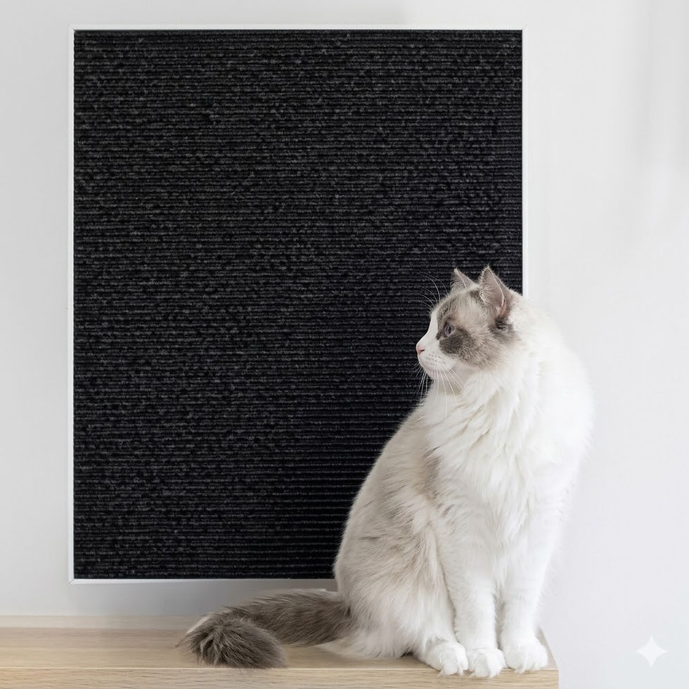Thumbnail: Fluffy cat looking at a black wall scratcher