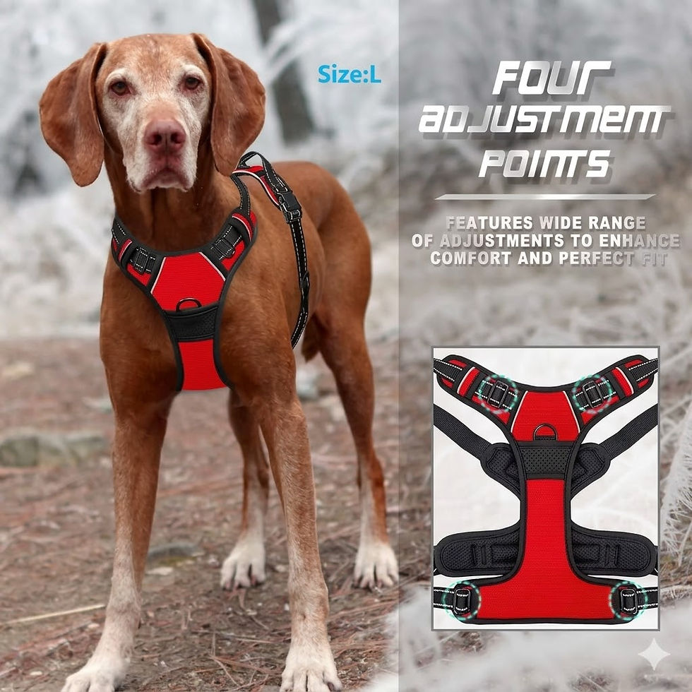 Thumbnail: Brown dog in red and black harness, with four adjustment points for comfort and fit.