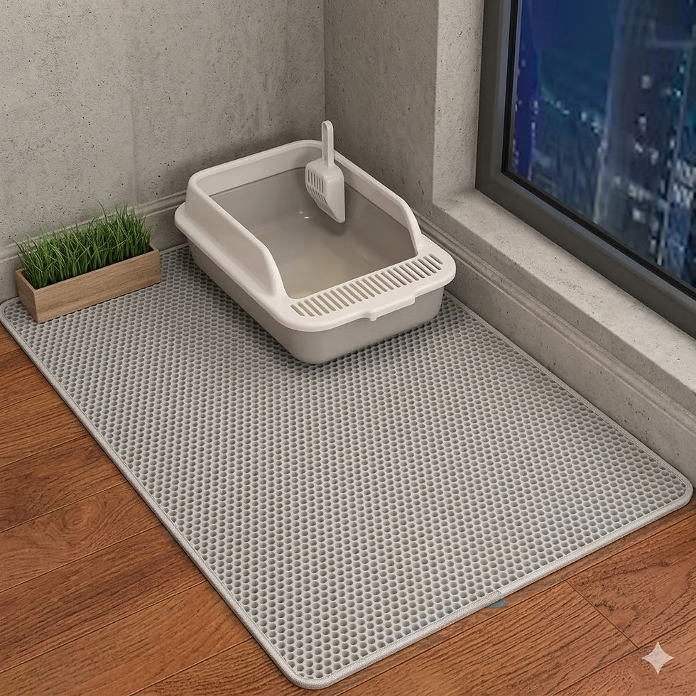 Thumbnail: Gray cat litter box with scoop on a textured mat by a window.