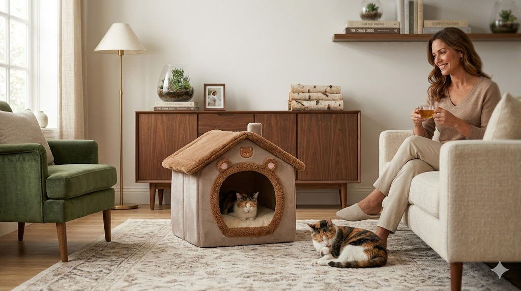 Woman with cat in house bed and another cat on rug