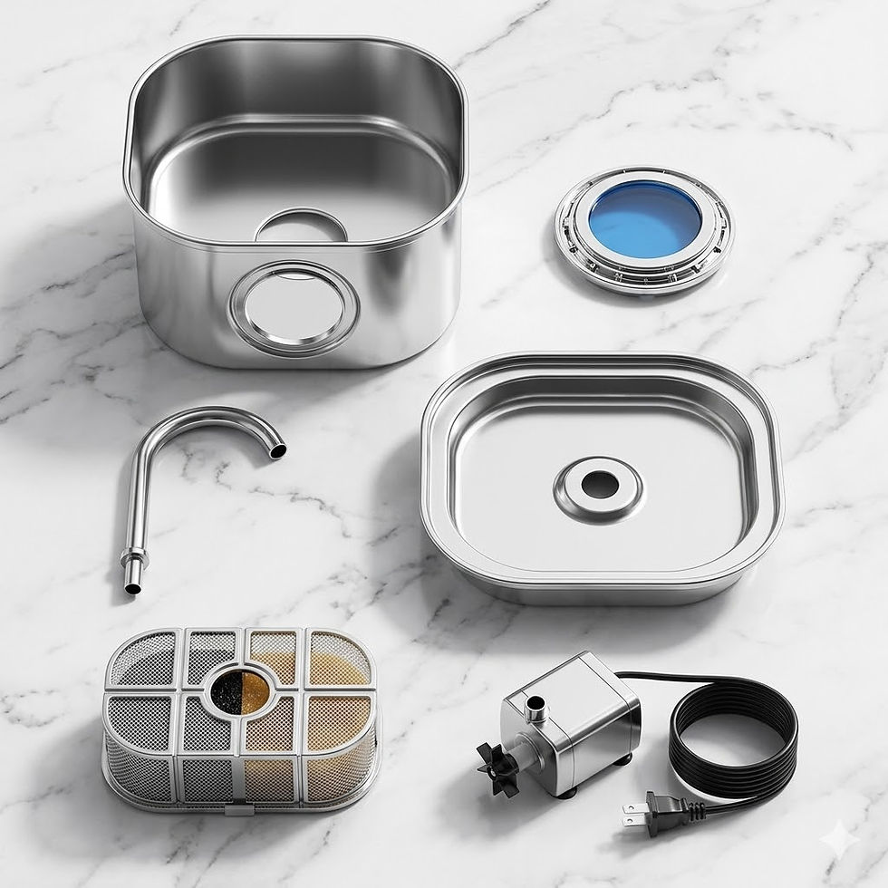 Thumbnail: Disassembled stainless steel appliance parts with filters and spout