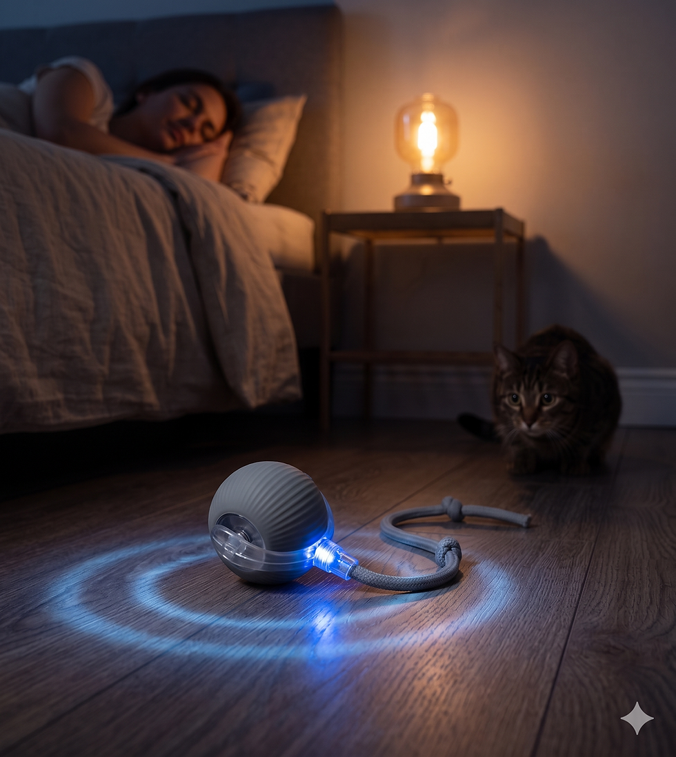 Thumbnail: Cat watches glowing toy while person sleeps in bed