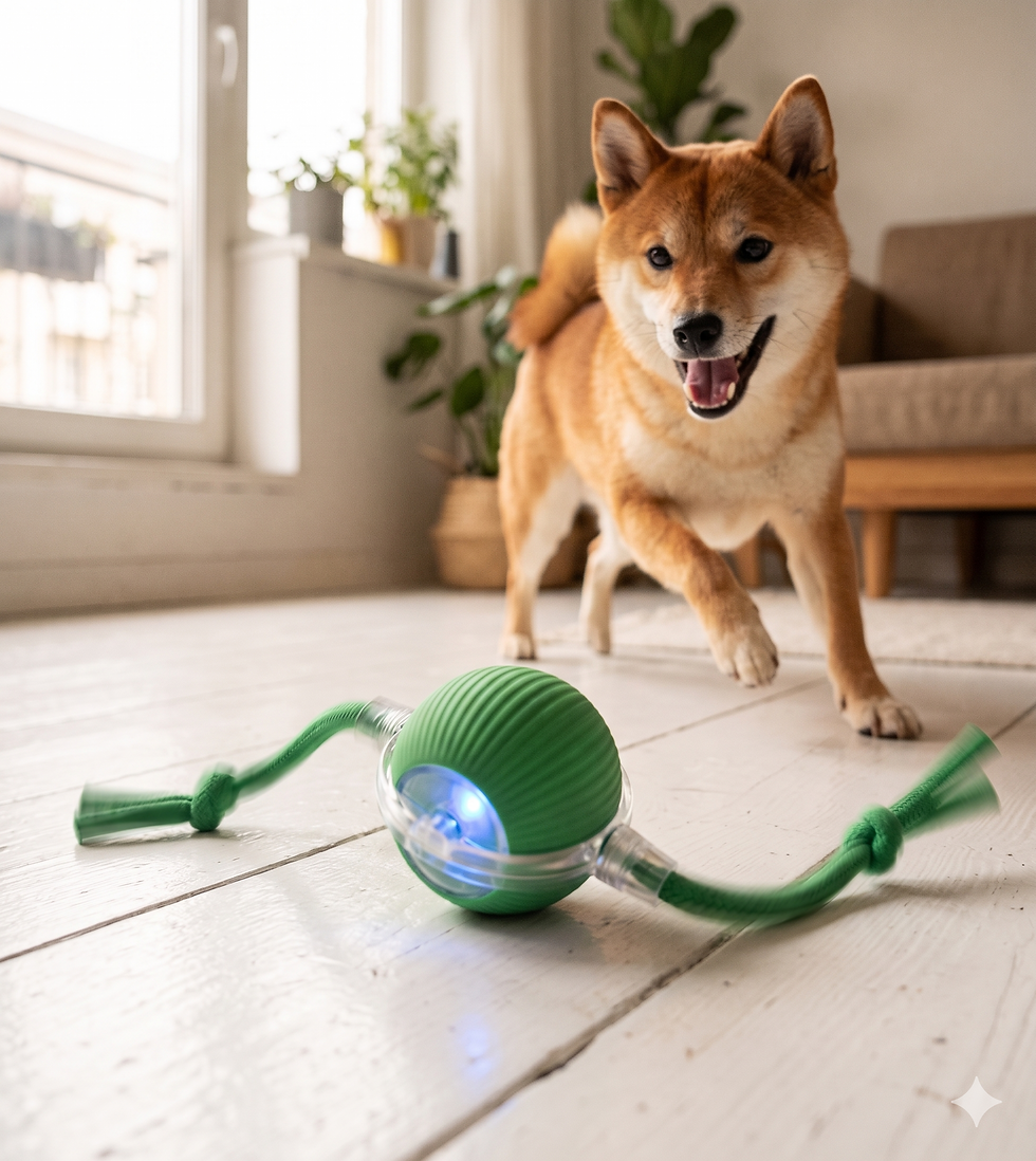 Thumbnail: Shiba Inu running towards a green light-up dog toy