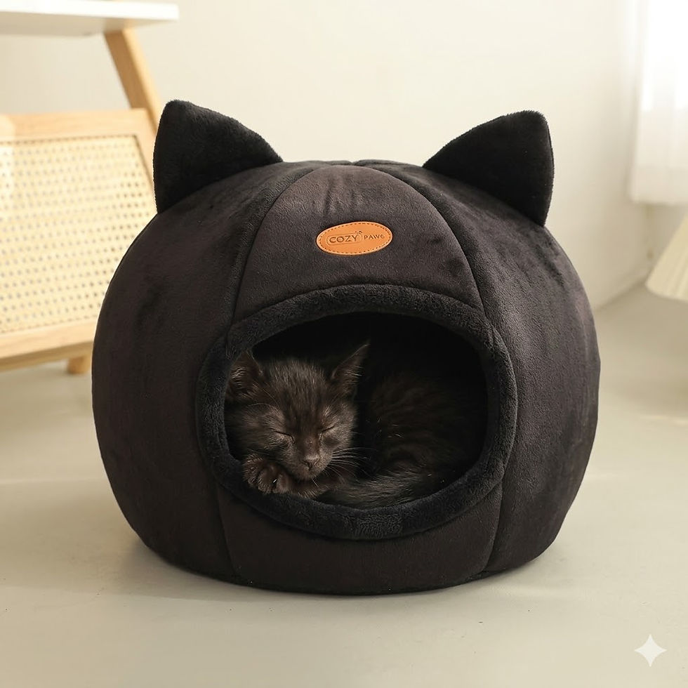 Thumbnail: Black cat sleeping in a black cat-shaped bed