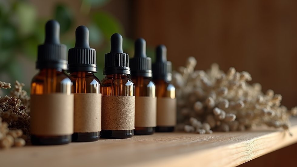 Eye-level view of essential oil bottles arranged on wooden shelf with dried herbs