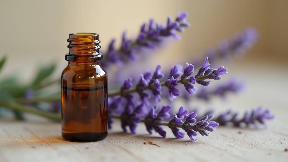 Close-up view of amber glass bottle with essential oil and fresh lavender sprigs