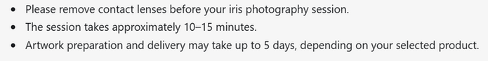 Iris World photography session information explaining the iris photography experience