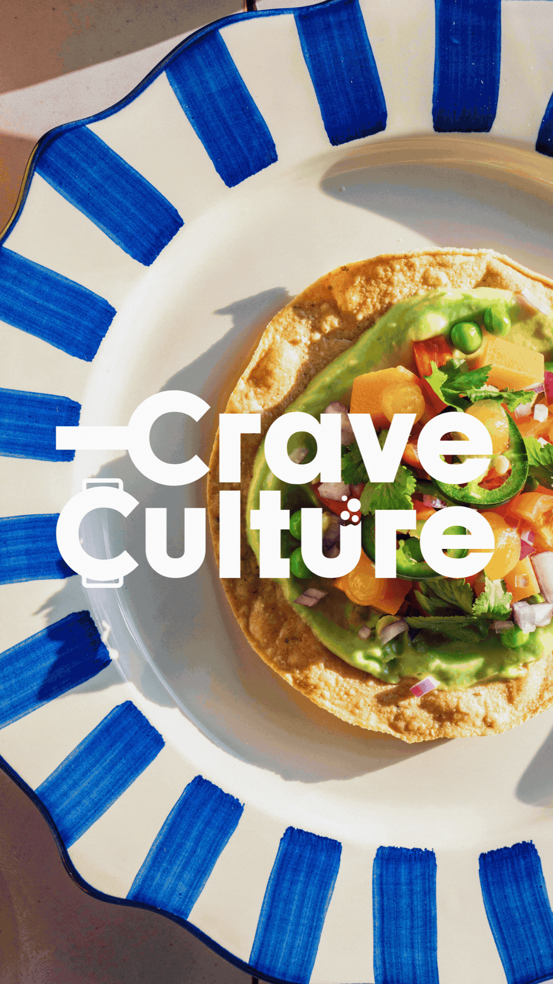 GIF showcasing a variety of vibrant, plant-based dishes, including tostadas, salads, and sandwiches, with the Crave Culture logo featured on top, perfect for restaurant and catering menus