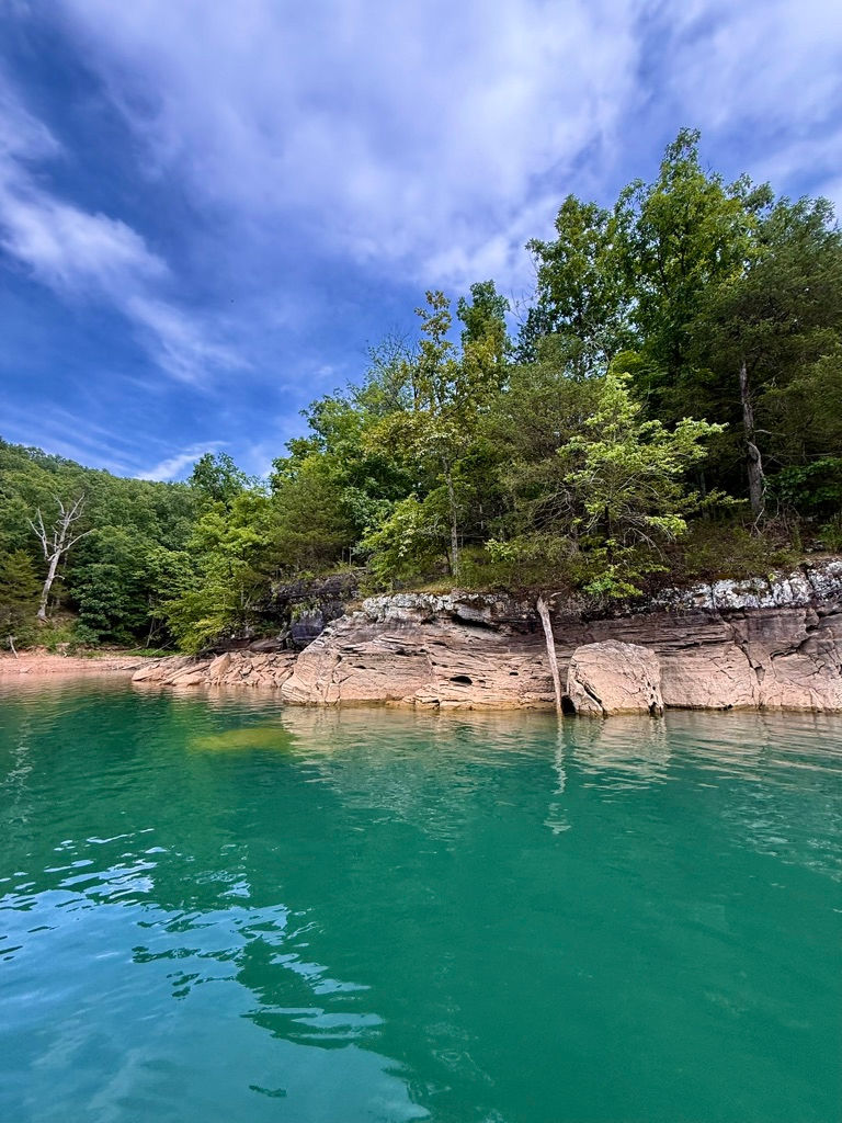 Rocky, tree-lined shoreline beside turquoise water on Beaver Lake