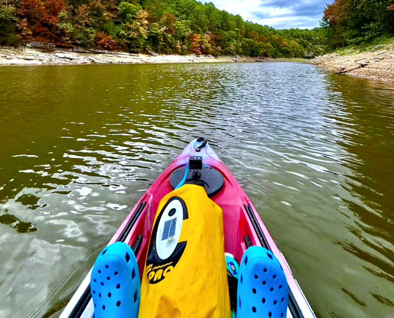 View from a kayak on calm water near a wooded shore