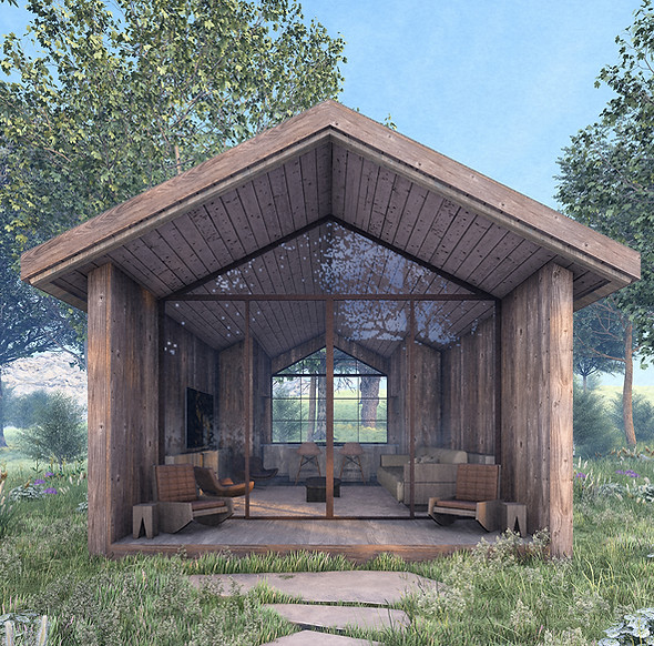 Contemporary wooden cabin architecture with glass front, surrounded by trees and native vegetation.