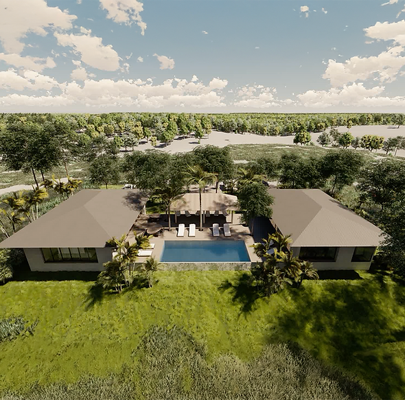 Contemporary residential architecture featuring twin pavilions and a pool integrated into a green landscape.