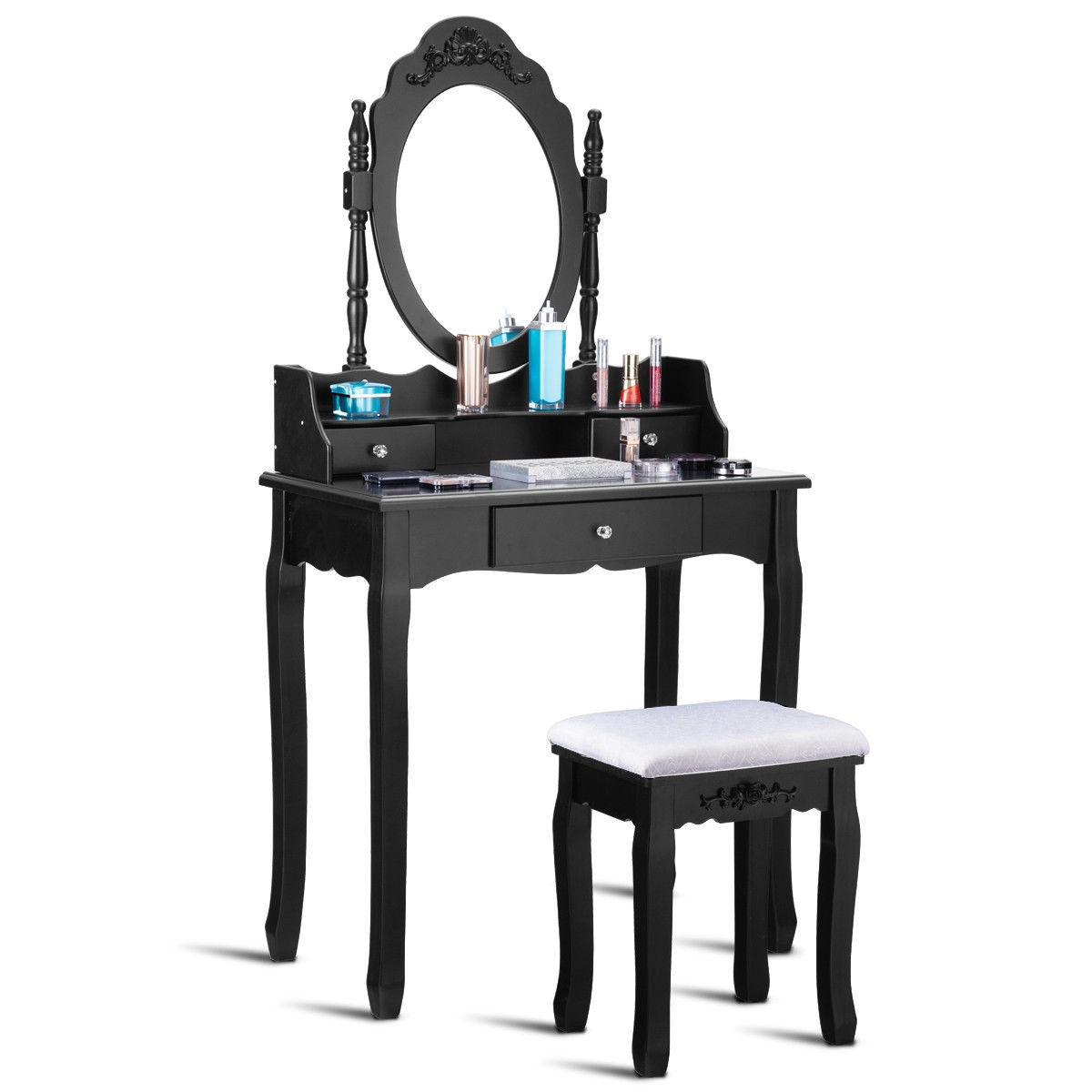 3 Drawer Mirror Makeup Dressing Table Stool Set