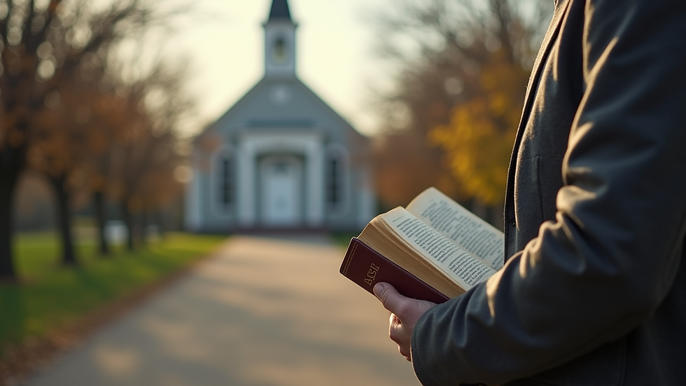 Close-up view of a person holding a Bible with a church in the background