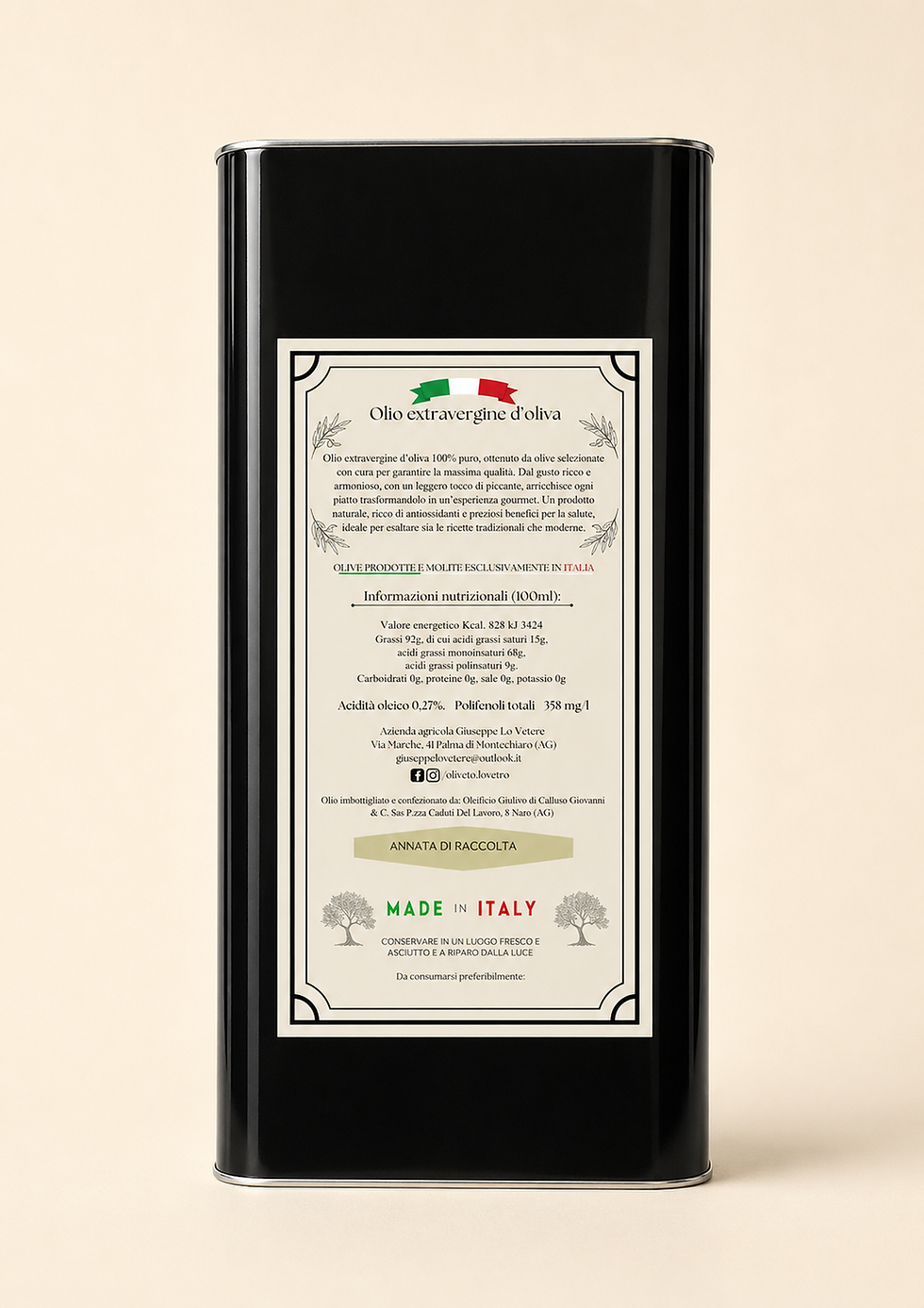 Miniatura: Latta di olio extravergine di oliva italiano 5 litri retro Azienda Lo Vetro