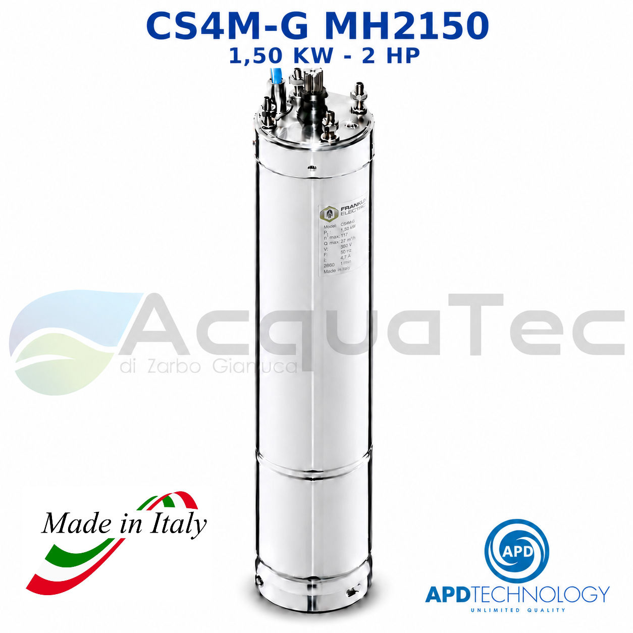 Motore Sommerso Monofase 4" APD CS4M-G MH2150 2 HP 1,50 kW in Bagno d’Olio