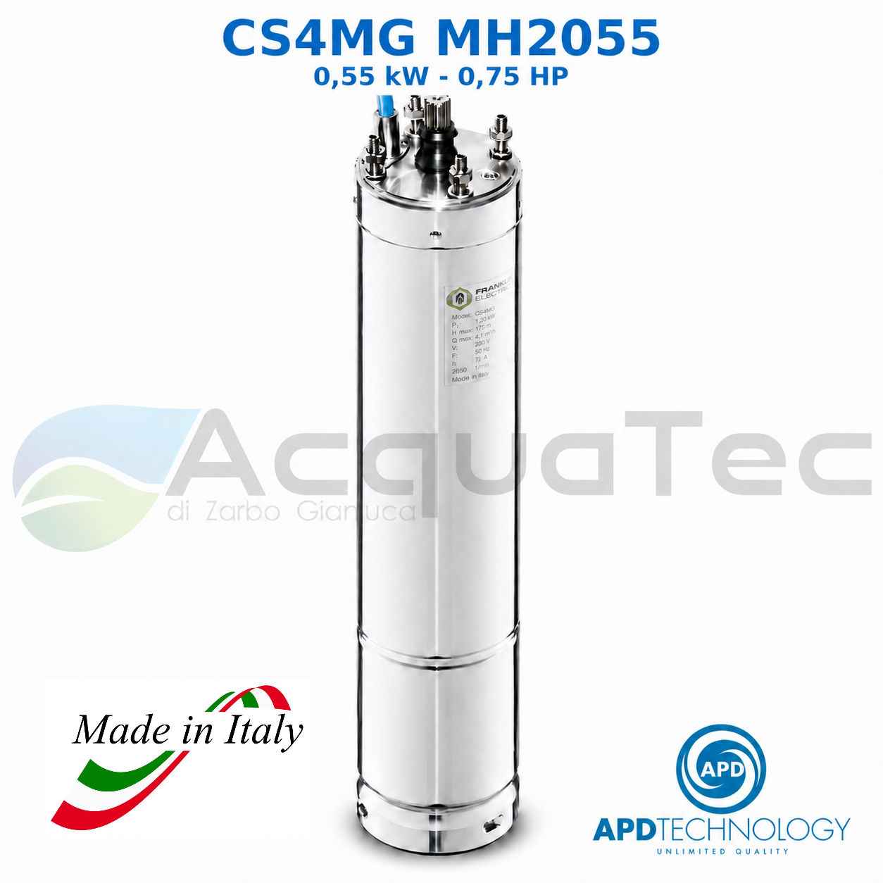 Motore Sommerso Monofase 4" APD CS4M-G MH2055 0,75 HP 0,55 kW in Bagno d’Olio