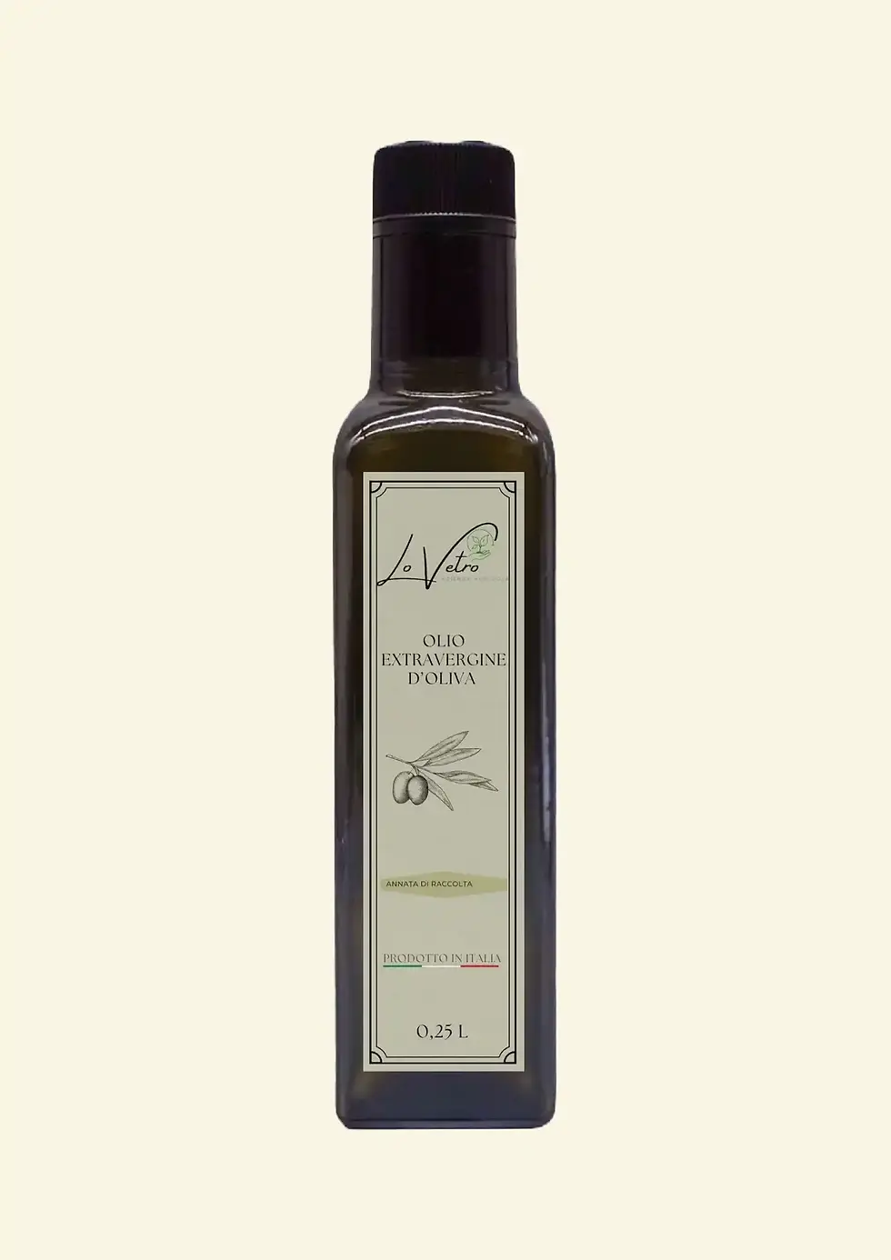 Bottiglia da 0.25 litri di olio extravergine d’oliva Lo Vetro, prodotto siciliano dal gusto armonioso e piccante