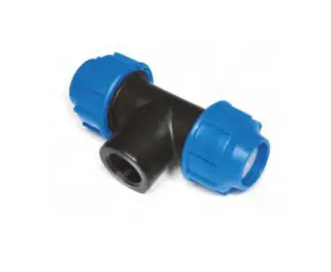 Raccordo tee 90 gradi filettato femmina PN16 blu e nero per tubo in polietilene